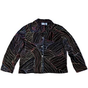 Chicos Velvet Embroidered Jacket Size 2 Large Black Neon Colors Abstract Evening